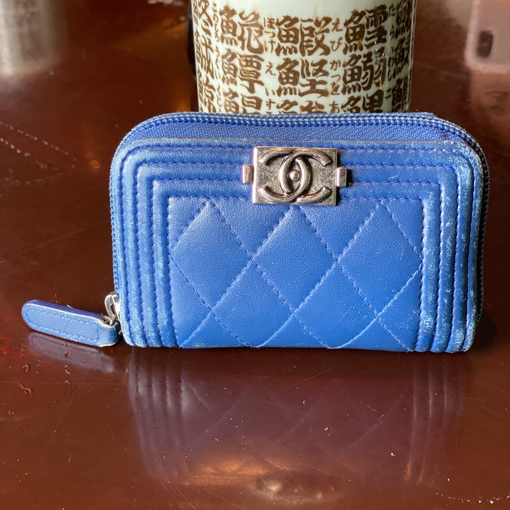 Authentic Blue Chanel Coin Wallet Silver Hardware